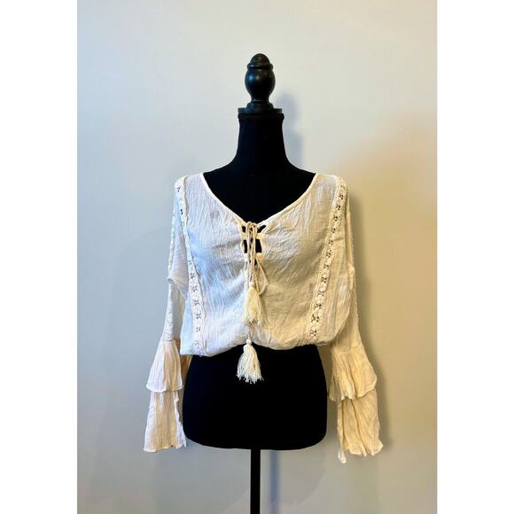 Jaded Gypsy WC Crop Top in White OS Long Sleeve Tasseled Tie Front Embroidered - Picture 1 of 4